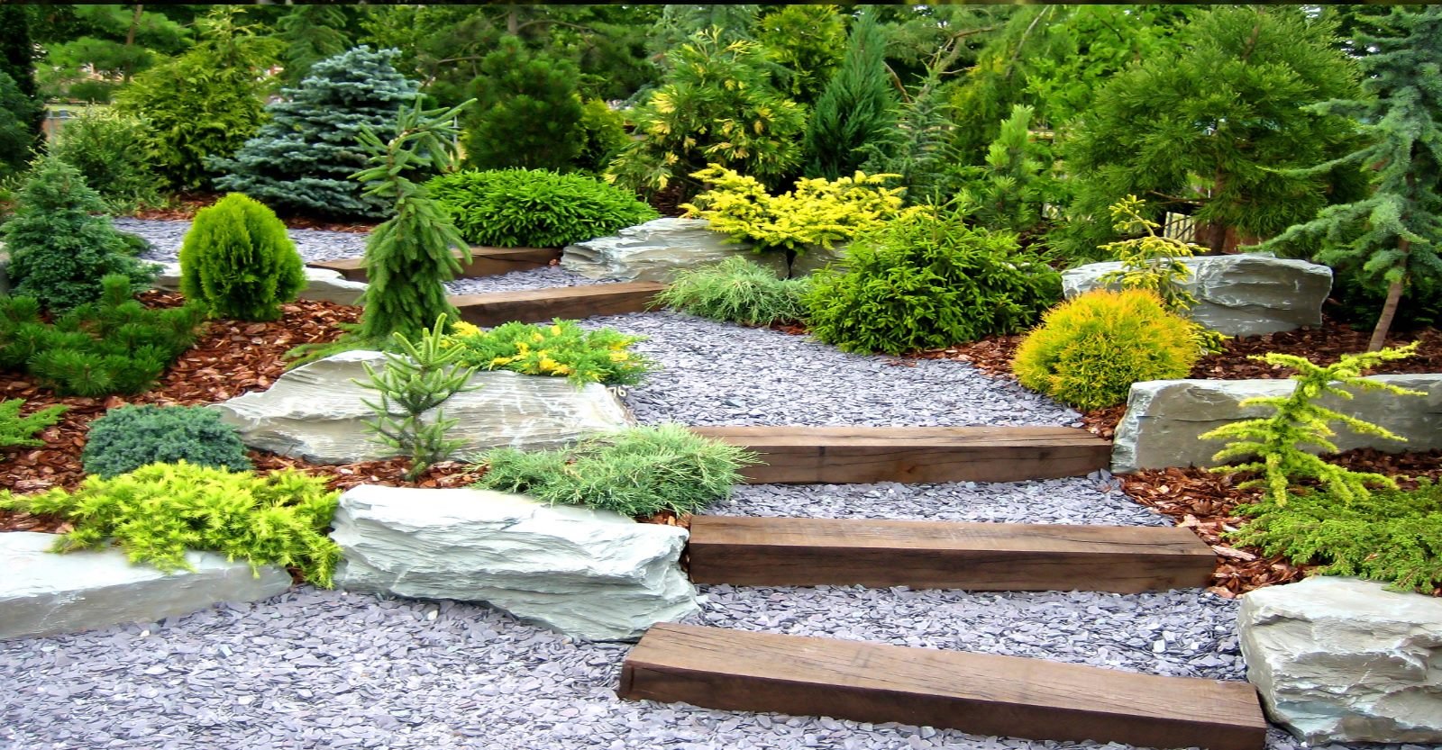 Rock garden with conifers, gravel and timber steps